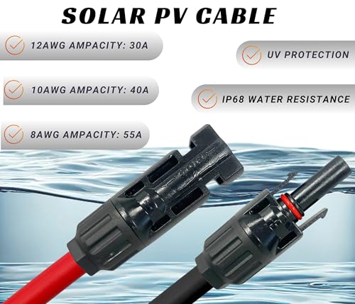 WindyNation 10 Gauge 10 AWG Pair 20 Feet Black + 20 Feet Red PV Photovoltaic Solar Panel Extension Cable Wire Solar Connectors - color: 20 Feet Black + 20 Feet Red, size: 10 AWG Solar Cable