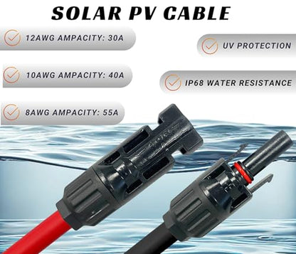 WindyNation 70 Feet Black + 70 Feet Red 10 AWG Gauge PV Photovoltaic Solar Panel Extension Cable Wire Solar Connectors - color: 70 Feet Black + 70 Feet Red, size: 10 AWG Solar Cable