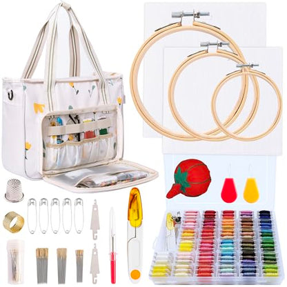 Peirich Embroidery Kits, Embroidery Storage Organizer Bag with Embroidery Floss Embroidery Hoop Aida Cloth, Cross Stitch Kits for Beginner, Adults