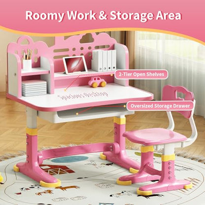 Kids Desk and Chair Set for Ages 3-12 - Height Adjustable Study Desk with Widened Desktop, Storage Drawer & Bookstand, Ergonomic Design, Supports up to 300 lbs - color: 606-pink