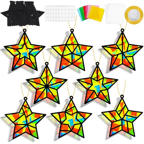 QOUBAI 32 Sets Stars Suncatchers Craft Back to School DIY Stained Glass Window Patriotic 4th of July Paper Craft Home School Classroom Decor Kid Birthday Gift Creative Art Activity Game - style: Star