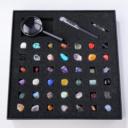 43 Pieces Rock Kit for Geology Enthusiasts | Rock Collection with Mineral Testing Tools, Crystal Geode Display & Volcanic Samples | Beginner to Advanced Specimen Study