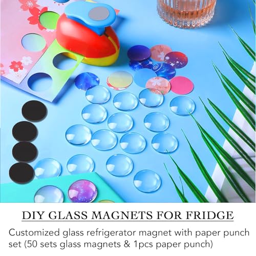 97pcs DIY Fridge Magnets Craft Set Include 1-Inch Paper Punch,Craft Magnets Glass Ceramic Ferrite Magnet with Adhesive Backing and Clear Glass Cabochons for Refrigerator (48 Sets,1 Inch, Round) - size: 1 Inch
