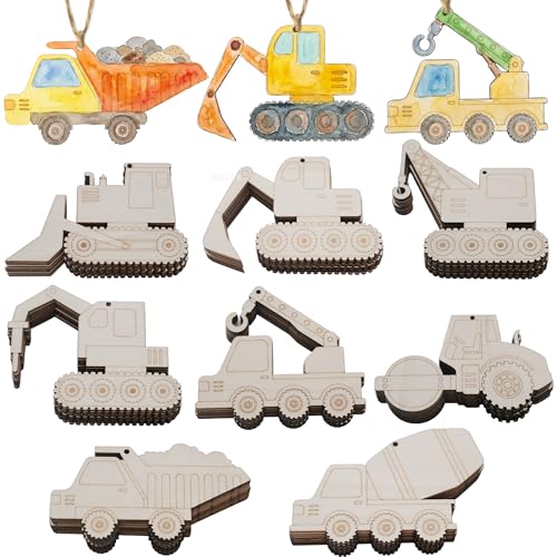 Unfinished Wooden Construction Vehicles Shape Cutouts to Paint Construction Trucks Wood Slices for DIY Crafts Construction Theme Wooden Hanging Ornaments Digger Decor for Home Party Decorations (40)