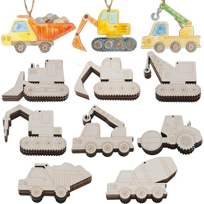 Unfinished Wooden Construction Vehicles Shape Cutouts to Paint Construction Trucks Wood Slices for DIY Crafts Construction Theme Wooden Hanging Ornaments Digger Decor for Home Party Decorations (40)