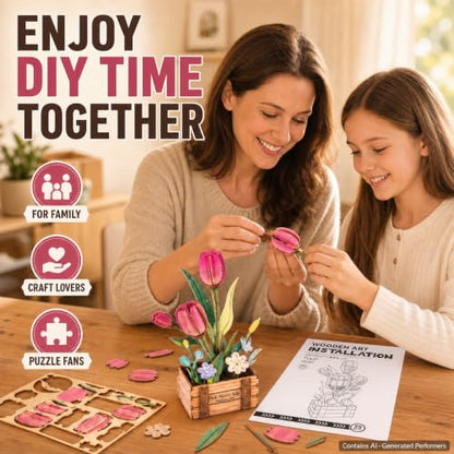 Evankin 3D Wooden Pink Tulip Puzzle Kit, DIY Bouquet Model - color: Pink Tulip