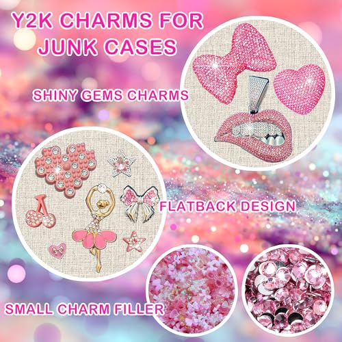 Junk Case Charms Kit, Pink Junks Phones Cases 3D Rhinestone Cool teeth and lips And Bows Chain Bags Hearts And Cross Flowers And Other Bedazzling Kits Can Be Used In DIY Phone Case Designs