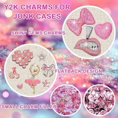 Junk Case Charms Kit, Pink Junks Phones Cases 3D Rhinestone Cool teeth and lips And Bows Chain Bags Hearts And Cross Flowers And Other Bedazzling Kits Can Be Used In DIY Phone Case Designs