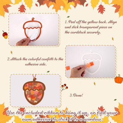 Renbuzhu 40-Pack Fall Acorn Paper Suncatchers Crafts Kit - DIY Autumn Stained Glass Window Decorations for Thanksgiving Activities, Art Projects - style: acorn