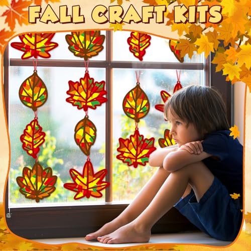 Qyeahkj 36 Set Fall Maple Leaves Suncatchers Crafts for DIY Autumn Window Tissue Paper Crafts Kit Thanksgiving Maple Hanging Decor for Fall Home Activity Art Project Birthday Party Favor Gift - style: Fall Maple