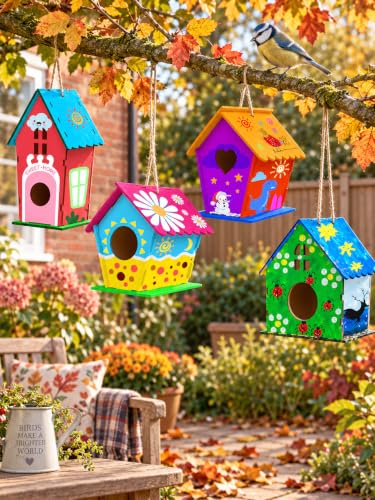 hapray 4 Pack Bird House Craft Kit, DIY Birdhouse for Kids to Build & Paint - color: 4 Pack Bird House