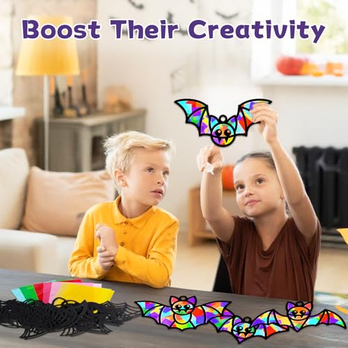 QOUBAI 32 Sets Halloween Bats Suncatchers Craft Kit DIY Window Stained Glass Effect Halloween Bats Paper Crafts Home School Classroom Decoration Kid Birthday Gift Creative Art Project Activity Game - style: Halloween Bat