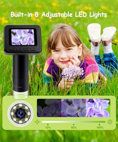 Handheld Microscope for Kids - 1000X Portable Microscope for Kids, Photo and Video Microscopes 2in Screen, Science Kit Gift for Kid Adults Boys Girls, Digital Coin Magnifier, 32GB, 5Pcs Sample Slides