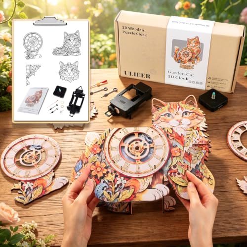 3D Puzzles for Adults Garden cat Clock Craft for Adult Wooden Puzzle - color: Garden Cat