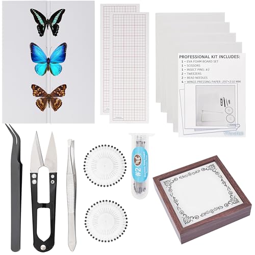 Insect Specimen Tools Kit - EVA Foam Pinning Board, Coordinate Paper, Wings Pressing Paper, Insect Pins & Butterfly Pins, Complete Entomology Kit for Beginners (Walnut Display Case Box Kit) - size: Walnut Display Case Box Kit