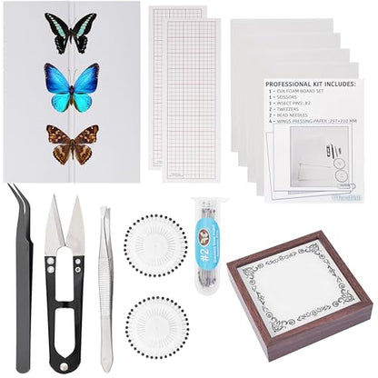 Insect Specimen Tools Kit - EVA Foam Pinning Board, Coordinate Paper, Wings Pressing Paper, Insect Pins & Butterfly Pins, Complete Entomology Kit for Beginners (Walnut Display Case Box Kit) - size: Walnut Display Case Box Kit