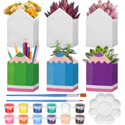 Beeveer 6 Sets Paint Your Own Succulent Planter Ceramic Mini Unpainted Flower Pots Back to School DIY Paintable Succulent Plant Pots for Kids Student Classroom Craft Project Activity - style: Pencil