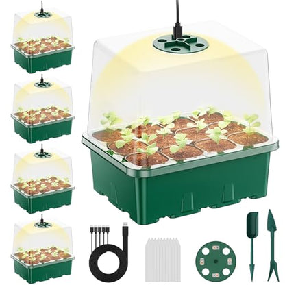 Seed Starter Tray with Grow Light, 5 Pack 60 Cells Seed Starter kit with Humidity Dome and Base, Plant Seedling Trays Indoor Greenhouse Gardening (Green 5 Pack) - color: Green 5 Pack