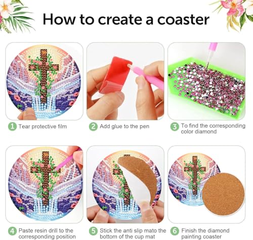 8 Pcs Diamond Art Coaster Kit for Adult with Holder, Diamond Coasters 4x4in - color: Cross Coasters-A, size: 8 Pcs 4x4in