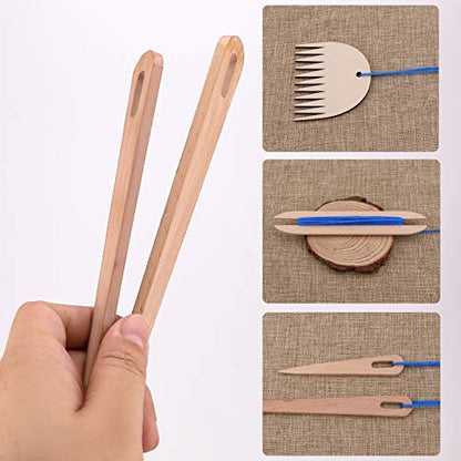Luter 7Pcs Hand Loom Stick Set - DIY Handcrafts Tools: 5Pcs Wood Weaving Crochet Needle, 1Pc Wooden Shuttle, 1Pc Wood Weaving Comb for Knitting Crafts