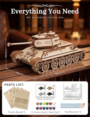 BOOZUU 3D Wooden Tank Puzzle with Rotating Turret for Adults