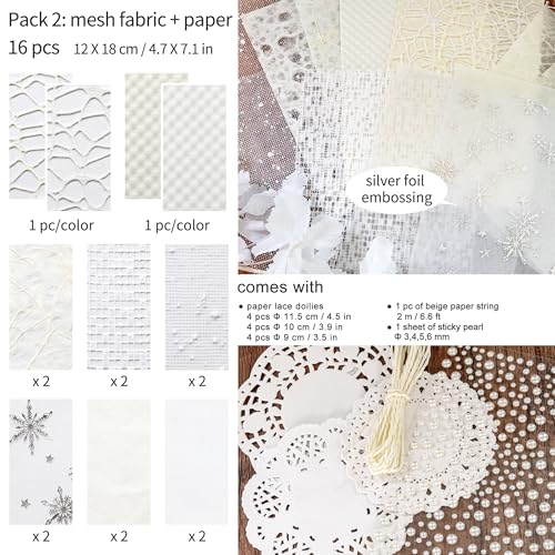 Mayplous 2 Packs Beige Aesthetic Textured Scrapbook Paper Set, Decorative Mesh Fabric & Mixed Material Sheets for Junk Journal, Planner, Collage, Card Making & Gift Wrapping (Simple)