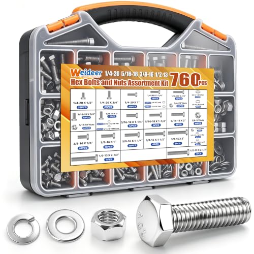 weideer 760PCS 304 Stainless Steel Hex Bolts,1/4-20 5/16-18 3/8-16 1/2-13 - color: Silver, size: 760 pcs (1/4-20, 5/16-18, 3/8-16, 1/2-13)