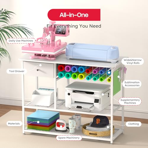Crafit Extra Large Heat Press Table with Vinyl Storage, Foldable Stand - color: Extra Enlarged Size - White