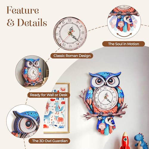 3D Wooden Owl Clock Puzzle – Colorful Deep Cobalt Blue and Red Design – DIY Model Kit for Teens & Adults (15+) – Unique Wall & Desk Clock with Roman Numerals – Gift-Ready Packaging - color: Deep Cobalt Blue