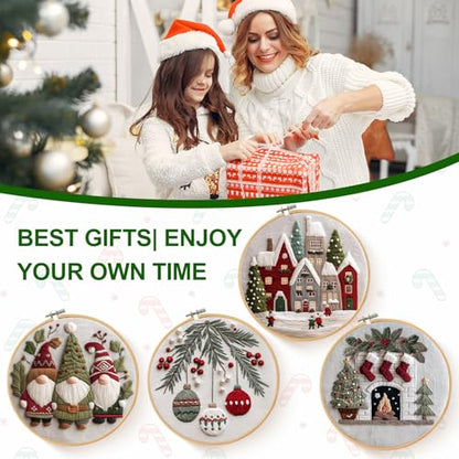 Santune Christmas Embroidery kit,Fall Needlepoint Cross Stitch Kits for Beginners Adult,Needle Point Sets,4 Embroidery,2 Hoops,Christmas Ornaments - color: Christmas x4