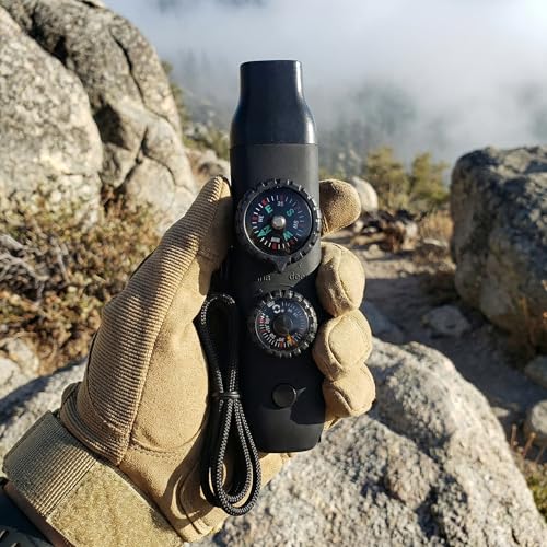 7-in-1 Emergency Survival Safety Whistle with Compass & Thermometer, High-Strength ABS Kids Whistle for Hiking, Camping, Boating, Kayaking, Loud Survival Gear with Lanyard & LED Signal Light