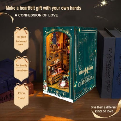 DIY Dollhouse Kit with Dust Cover, DIY Book Nook Kit Christmas Decor Booknook 3D Wooden Puzzle Nook Book Doll House with LED Light - color: Sq34