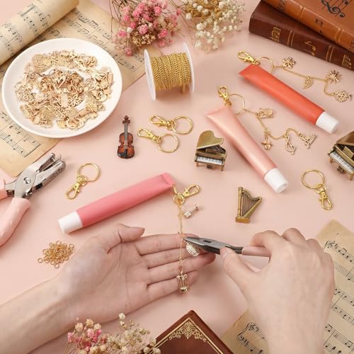 VioraWhite 213 Pcs Gold Keychain Making Kit Summer Bag Charm Kit Lip Gloss Keychain 100 Enamel Charms 32.81 ft Gold Chains for DIY Crafts Women - style: Gold