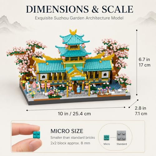 Suzhou Garden Micro Building Blocks for Adults - 2350pcs Chinese Architecture Model Kit with Numbered Bags, Cherry Blossom Pagoda Display Building Set, Challenging DIY Project Gift