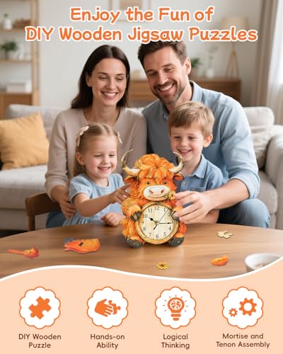 3D Puzzles for Adults-Wooden Highland Cow Clock Puzzle DIY Clock Model Kit