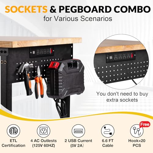 60" Workbench with Drawers, Adjustable Height Work Table, 2000 LBS Heavy-Duty, Rubber Wood, Black, Steel - size: 60"| Drawer | Pegboard | Power Outlets
