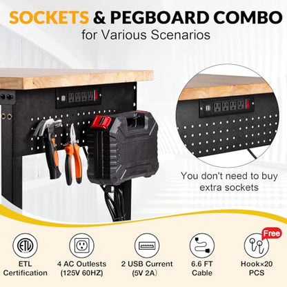 60" Workbench with Drawers, Adjustable Height Work Table, 2000 LBS Heavy-Duty, Rubber Wood, Black, Steel - size: 60"| Drawer | Pegboard | Power Outlets