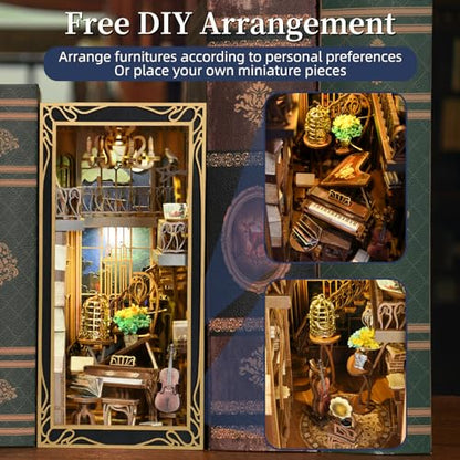 MiniCity Pianist and Nightingale Book Nook Kit, DIY Wooden Puzzle with LED - color: Pianist With Nightingale