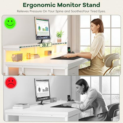 DurayLoly 39.3" Computer Desk with Power Outlet & Fabric Drawer,White - color: White, size: 39.3 IN