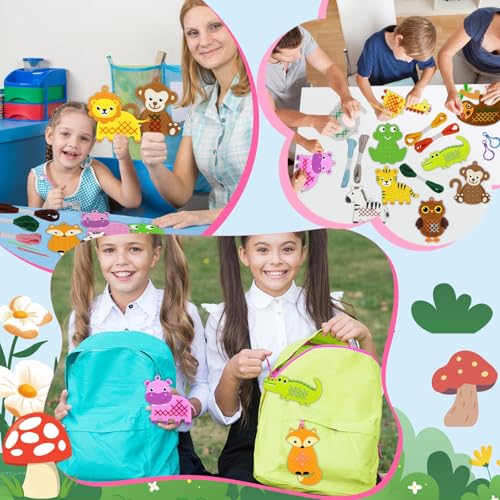 Cross Embroidery Kit for Kids Beginner 12 Jungle Animals Felt Keyrings Needlepoint Embroidery Starter Set with Jumbo Plastic Needles Pre-Printed Patterns for DIY Arts & Crafts Gift Safari Party Favor