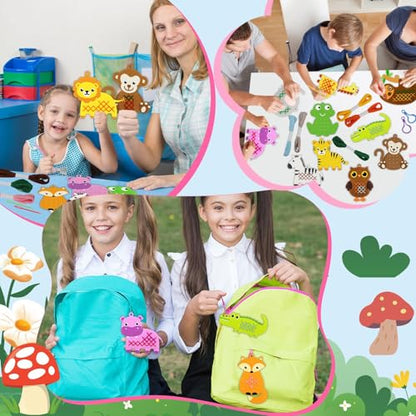 Cross Embroidery Kit for Kids Beginner 12 Jungle Animals Felt Keyrings Needlepoint Embroidery Starter Set with Jumbo Plastic Needles Pre-Printed Patterns for DIY Arts & Crafts Gift Safari Party Favor