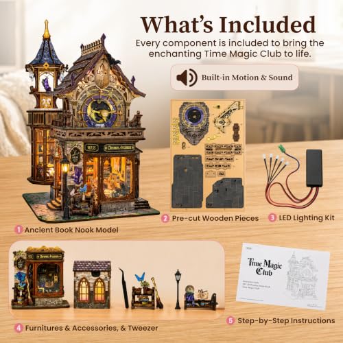 nooktales Magic Clock Tower Book Nook Kit | 365-piece DIY with LED Light