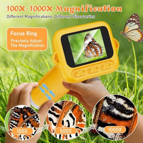 1000X Digital Microscope for Kids with 2" HD Screen, Handheld Camera for Bugs Plants Nature, Kids Microscope Handheld Pocket Microscope STEM Educational Toy Gift for Boys Girls Ages 4-12 (Yellow) - color: Vivid yellow
