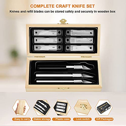 Headley Tools Precision Craft Hobby Knife Set (38pcs) with Wooden Chest, Razor Sharp Knives for Scrapbooking, Art Modeling, Sculpture, Wood&Leather Working- Fine Point, Scoring, Chiseling Blades