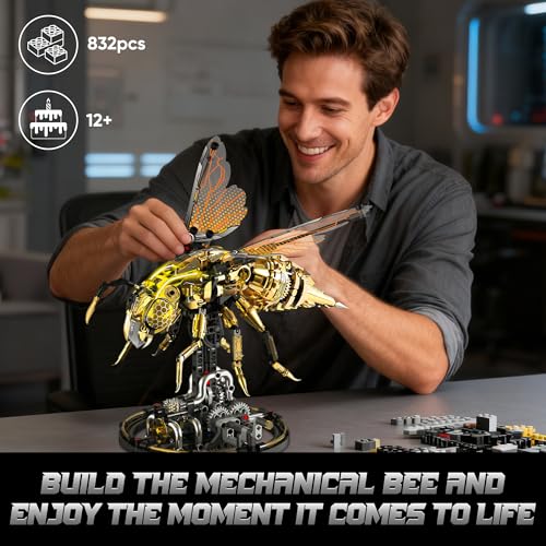 Mechanical Bee Building Blocks Kit for Adult, Technic Bee Buildings Set for Adults with LED Light & Display Stand, Robot Animal Building Toy with Moving Wings for Adults & Kids, 832Pcs