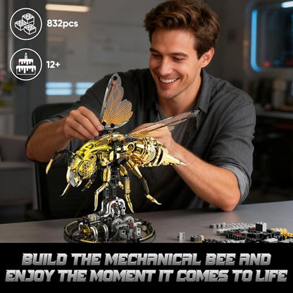 Mechanical Bee Building Blocks Kit for Adult, Technic Bee Buildings Set for Adults with LED Light & Display Stand, Robot Animal Building Toy with Moving Wings for Adults & Kids, 832Pcs