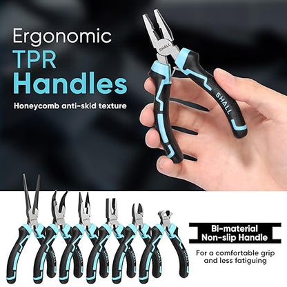 SHALL Mini Pliers Set, 6-Piece Small Pliers Tool Set Includes Needle Nose, Long Nose, Bent Nose, Diagonal, End Cutting and Linesman for Making Crafts, Electronic Repairing & Jewelry with Pouch