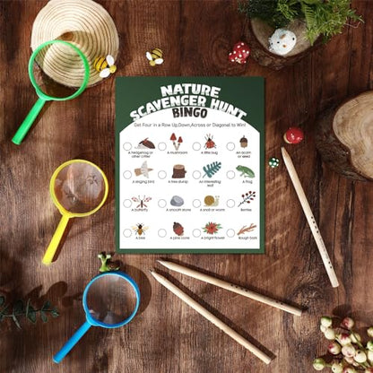 HyDren 45 Pcs 15 Set Nature Scavenger Hunt Game Kits, 15 Hunting Cards, 15 Magnifying Glass, 15 Pencils, 15 Organza Bags Family Camping Games Play for Nature Exploration Outdoor Activities Party Favor