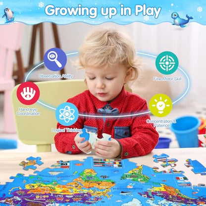 DIGOBAY 70 Pieces Glow in The Dark World Map Floor Puzzles for Kids 4-6 - style: glow-in-the-dark world map