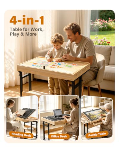 1500-Piece Wooden Puzzle Table with Moving Caster for Family Puzzling, Height Adjustable Puzzle Board with Drawers & Felt Cover for Adults & Kids, Gift for Mom, Parent, and Puzzle Enthusiasts